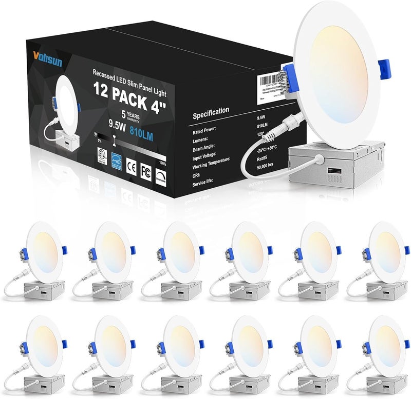 VOLISUN 12 Pack 4 inch Recessed Lighting, 5CCT LED Recessed Light with Junction Box, 2700K-5000K Selectable, 9.5W Eqv 80W, 810LM Dimmable Canless Wafer Downlight, LED Ceiling Light ETL Certificated - Image 1