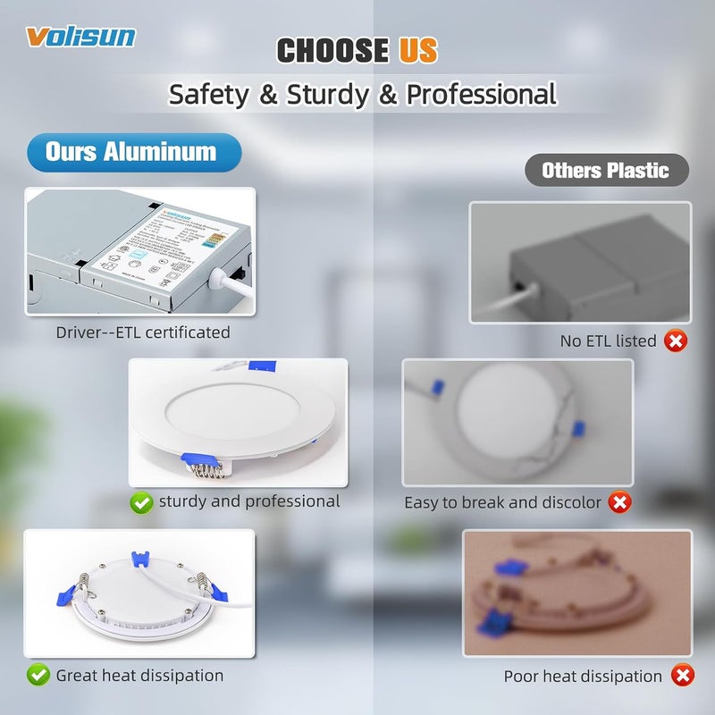 VOLISUN 12 Pack 4 inch Recessed Lighting, 5CCT LED Recessed Light with Junction Box, 2700K-5000K Selectable, 9.5W Eqv 80W, 810LM Dimmable Canless Wafer Downlight, LED Ceiling Light ETL Certificated - Image 5