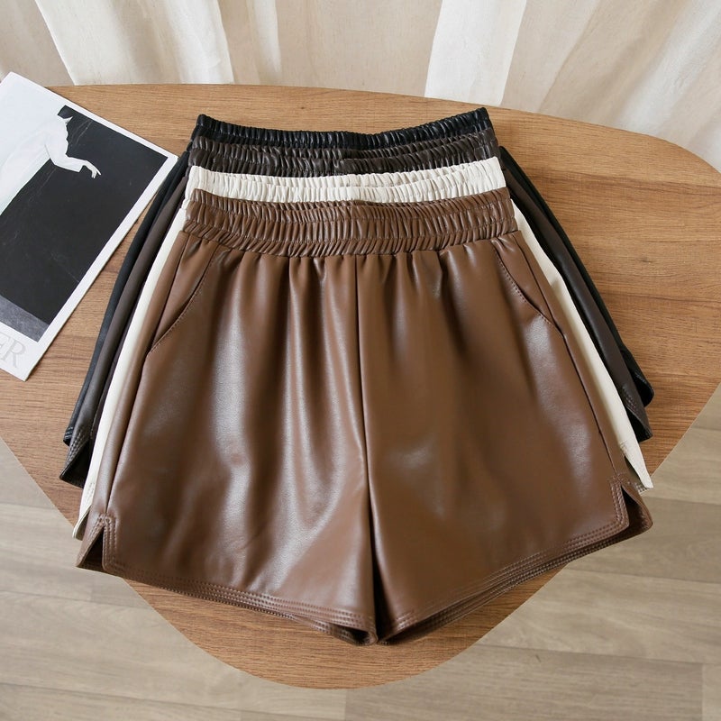 High Waist Slimming Design Autumn Pu Leather Elastic Waist Wide Leg Pants Short Casual Pants Kumikumi Leather Pants For Women - Image 1