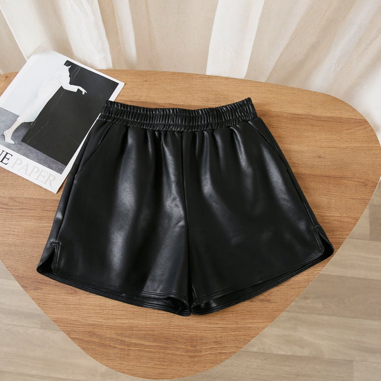 High Waist Slimming Design Autumn Pu Leather Elastic Waist Wide Leg Pants Short Casual Pants Kumikumi Leather Pants For Women - Image 4