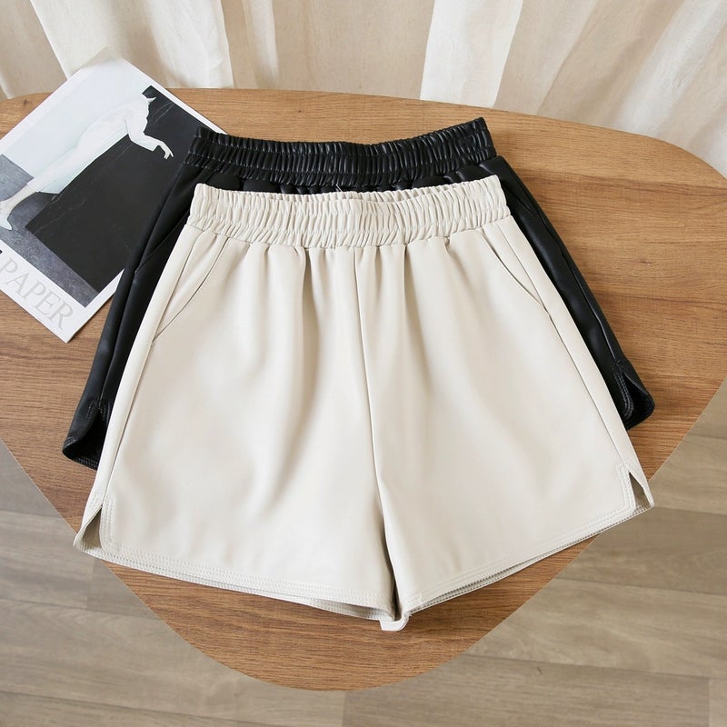 High Waist Slimming Design Autumn Pu Leather Elastic Waist Wide Leg Pants Short Casual Pants Kumikumi Leather Pants For Women - Image 3