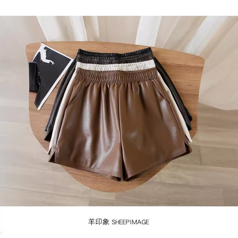 High Waist Slimming Design Autumn Pu Leather Elastic Waist Wide Leg Pants Short Casual Pants Kumikumi Leather Pants For Women - Image 5