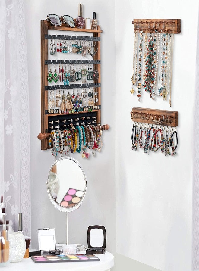 QILICHZ 3Pcs Jewelry Organizers and Storage,Wood Earring Organizer,Hanging Jewelry Organizer,Rustic Wall Jewellery Organizer,Wall Mounted Earring Holder for Storage Display Gift (Brown+Black) - Image 3