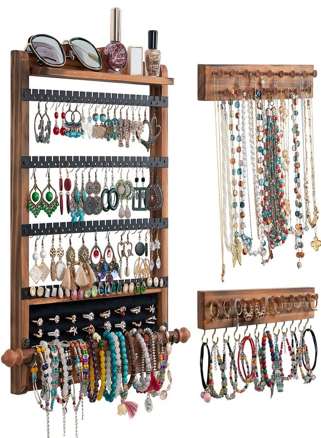QILICHZ 3Pcs Jewelry Organizers and Storage,Wood Earring Organizer,Hanging Jewelry Organizer,Rustic Wall Jewellery Organizer,Wall Mounted Earring Holder for Storage Display Gift (Brown+Black) - Image 1