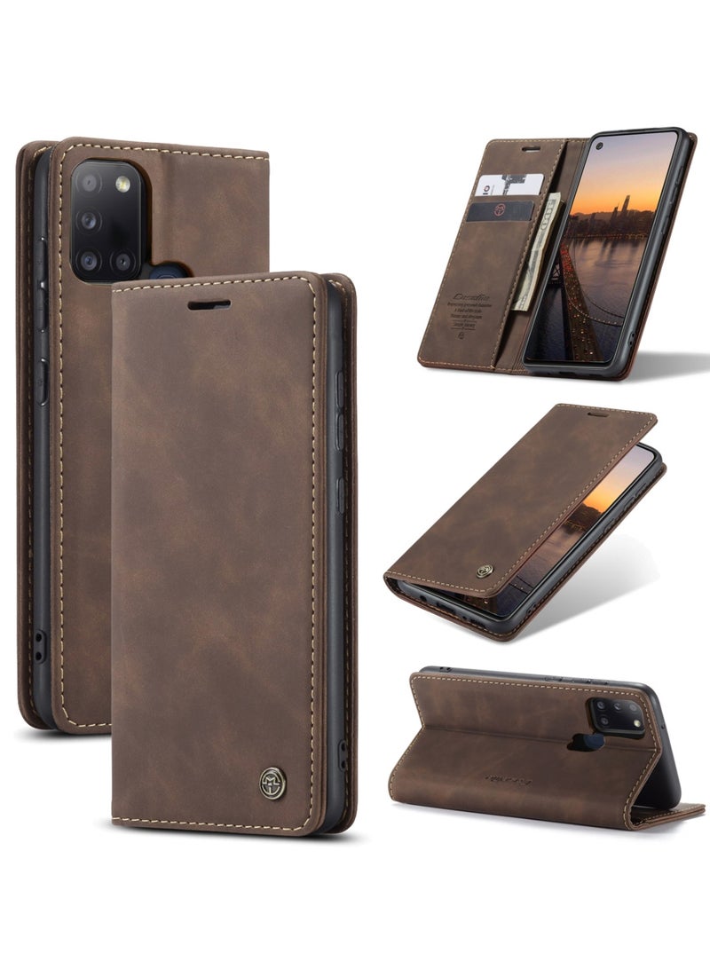 CaseMe Samsung Galaxy A21S Case Wallet Case Book Folding Flip Folio Case with Magnetic Kickstand Card Slots Protective Cover - Coffee - Image 1