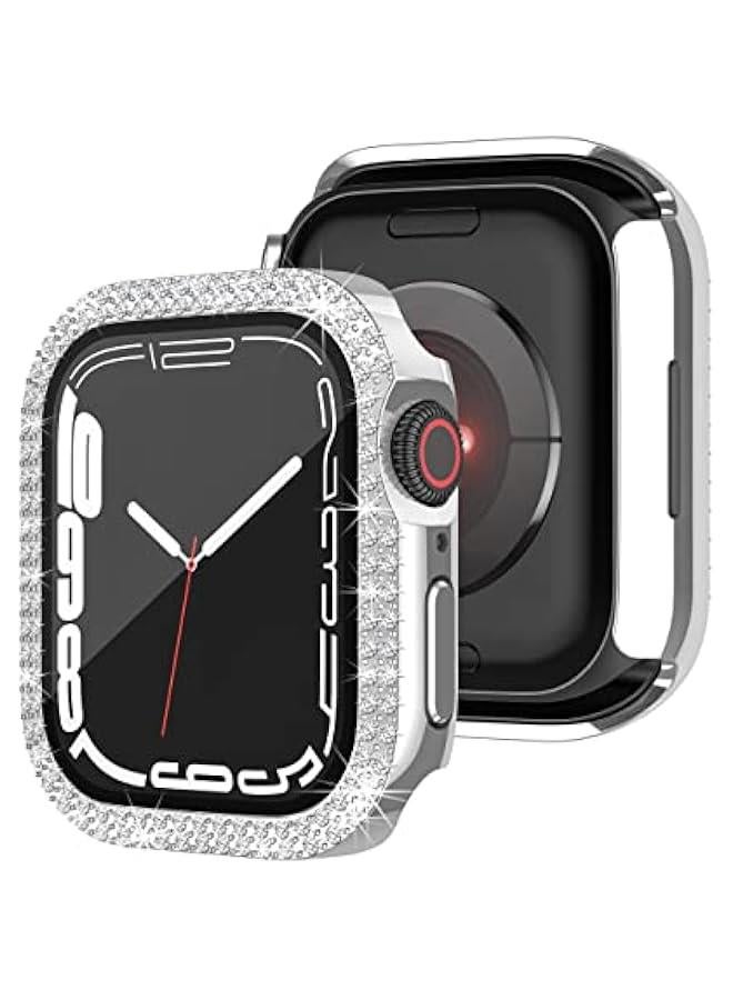 غطاء متوافق مع ساعة آبل مزود بحماية شاشة من الزجاج المقسى 41 مم سلسلة 9 8 7 غلاف ماسي بلمعان حبيبات ماسية، غطاء واقٍ للساعة للأصوات والفتيات، فضي - Image 5