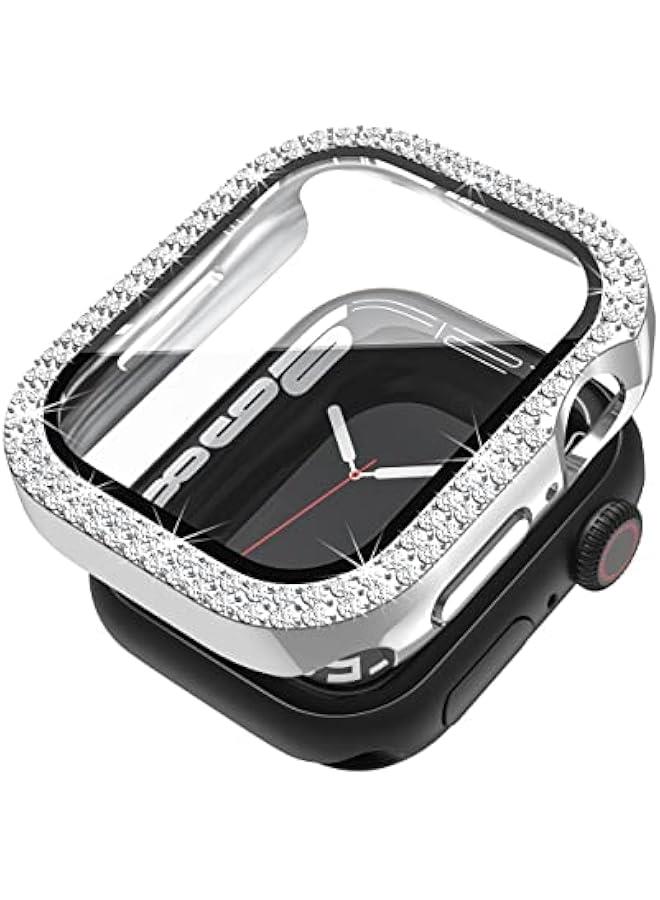غطاء متوافق مع ساعة آبل مزود بحماية شاشة من الزجاج المقسى 41 مم سلسلة 9 8 7 غلاف ماسي بلمعان حبيبات ماسية، غطاء واقٍ للساعة للأصوات والفتيات، فضي - Image 1