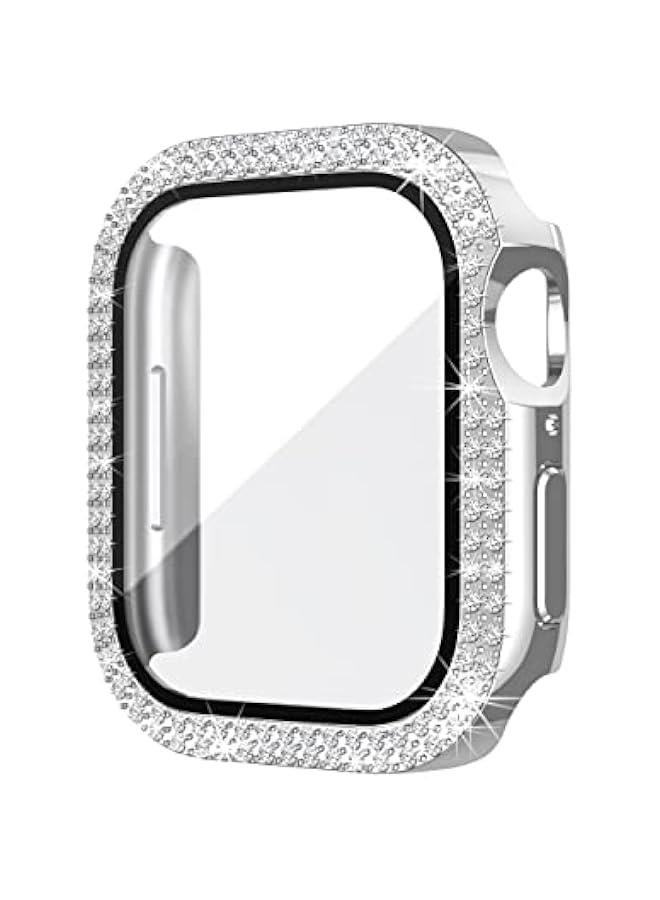غطاء متوافق مع ساعة آبل مزود بحماية شاشة من الزجاج المقسى 41 مم سلسلة 9 8 7 غلاف ماسي بلمعان حبيبات ماسية، غطاء واقٍ للساعة للأصوات والفتيات، فضي - Image 4