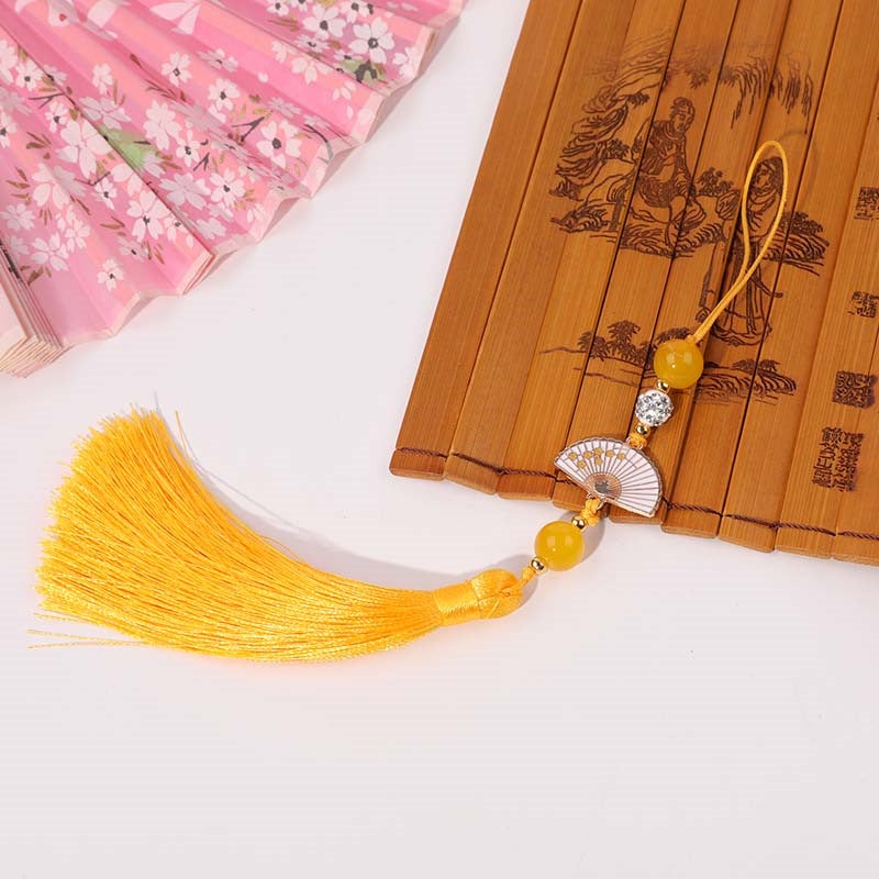 Generic Diamond Ball white fan tassel tassel Palace style cheongsam hanging tassel Han clothing accessories car hanging bag Press placket round beads hanging beard Golden yellow