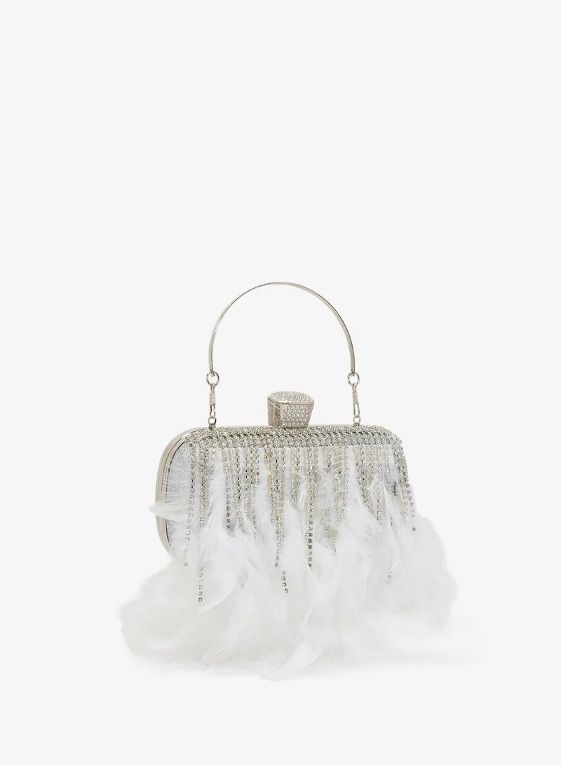 Khizana  Feather Fringe Detail Rhinestone Embellished Top Handle Clutch for Women | Best Price UAE