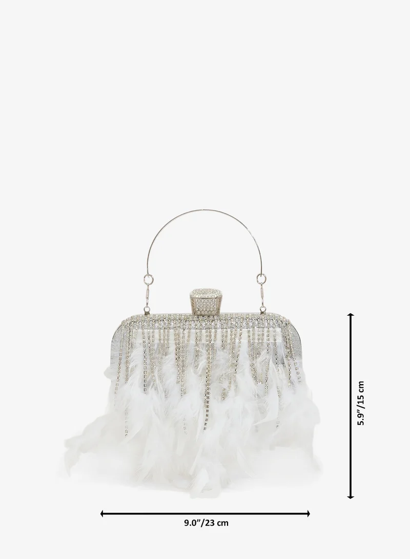 Khizana  Feather Fringe Detail Rhinestone Embellished Top Handle Clutch for Women | Best Price UAE