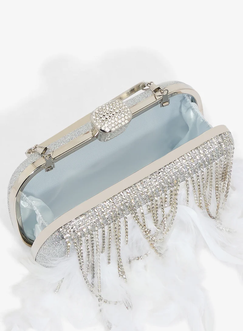Khizana  Feather Fringe Detail Rhinestone Embellished Top Handle Clutch for Women | Best Price UAE