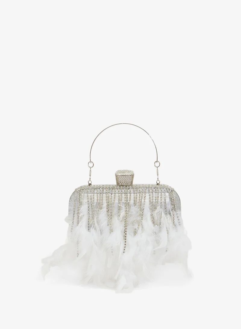 Feather Fringe Detail Rhinestone Embellished Top Handle Clutch