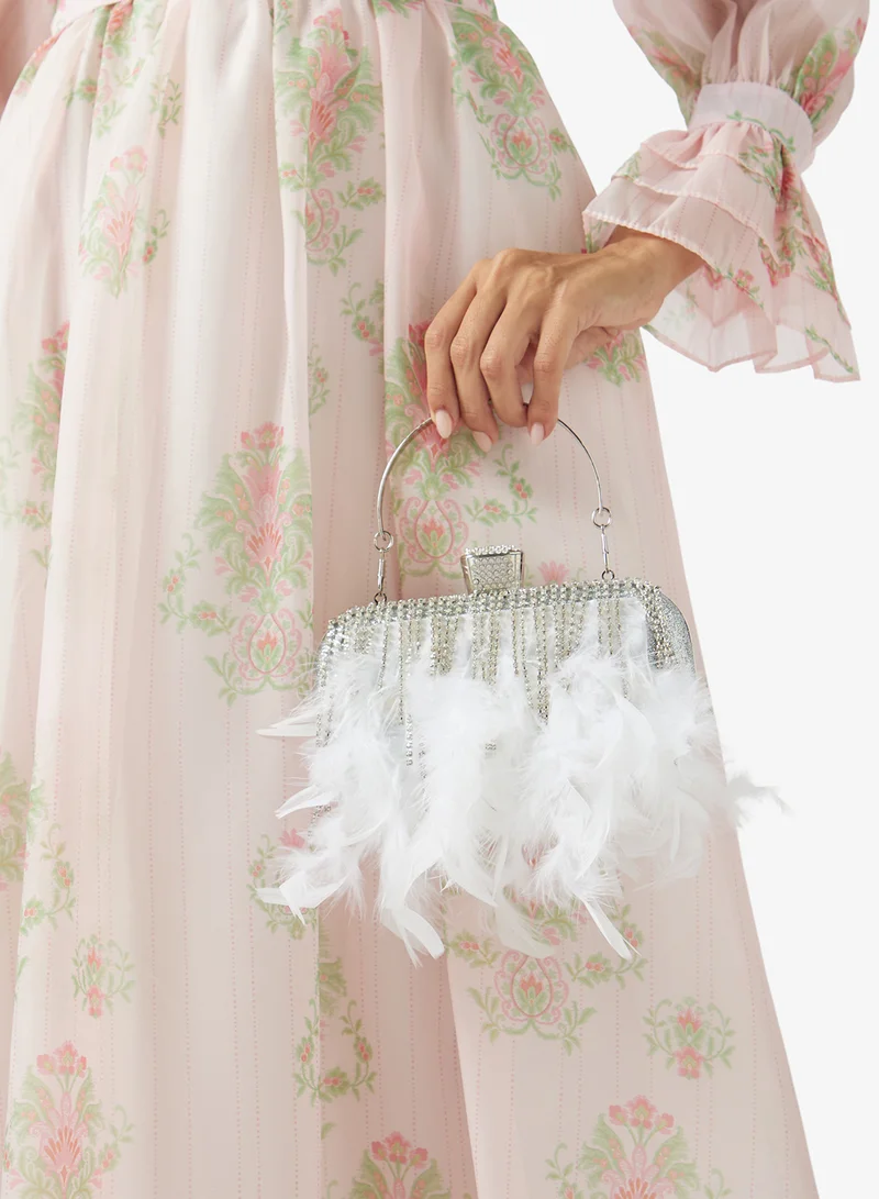Khizana  Feather Fringe Detail Rhinestone Embellished Top Handle Clutch for Women | Best Price UAE