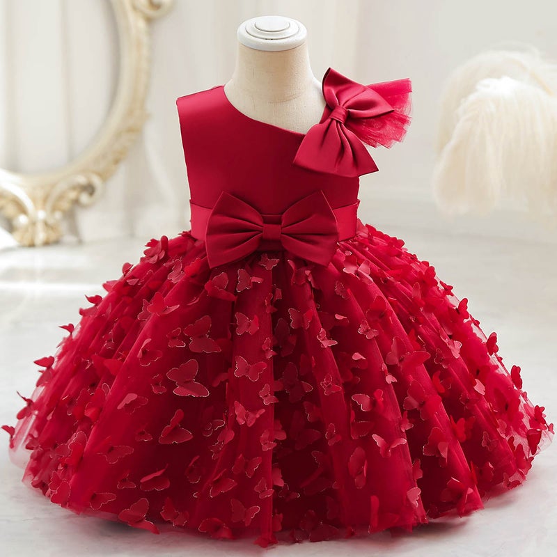New girls solid color princess year-old bow puffy dinner performance dress year-old catch week dress wholesale Wine red