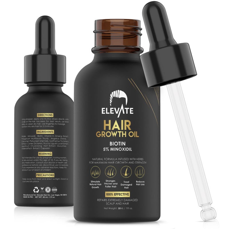 Elevate Hair Regrowth Treatment 5 Minoxidil Solution Biotin Serum Hair Growth Oil for Men Women Thicker Fuller Stronger Hair Stops Hair Loss Thinning Natural Hair Thickening Treatment 1oz