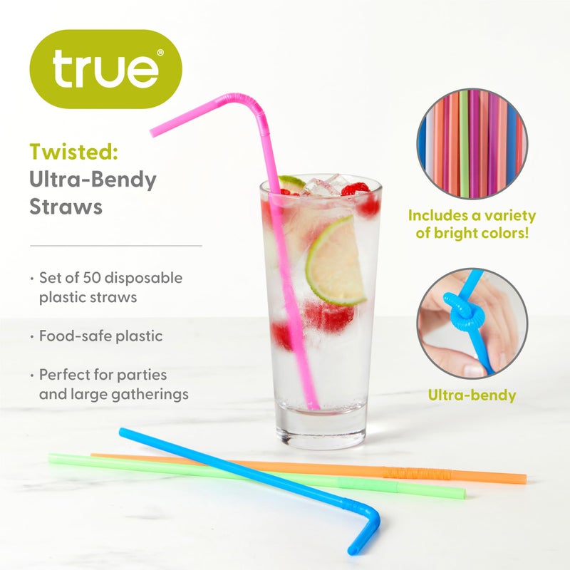 TRUE Ultra Bendy Disposable Flexible Long Straws for Cocktails Smoothies Iced Coffee  Home Bar  Party Supplies  Set of 50  Multicolor Plastic - Image 2