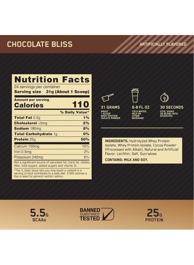 أوبتيموم نيوتريشن جولد ستاندرد 100% معزول، 25 جرام من البروتين، بروتين مصل اللبن المعزول والمتحلل للغاية - شوكولاتة بليس، 1.64 رطل، 24 حصة (744 جم) - Image 3