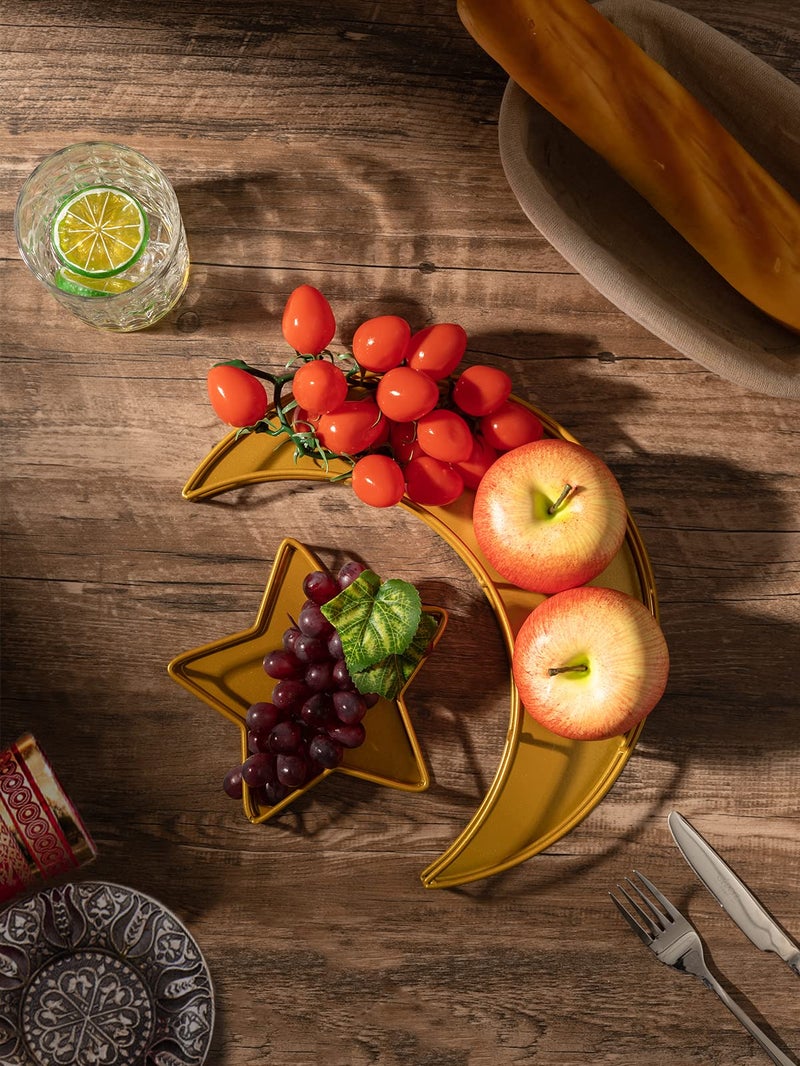 ANPHSIN 2PCS Ramadan Serving Trays Decorations for Home - Moon Star Shaped Eid Mubarak Table Decor Gifts, Islam Muslim Al-Fitr Iftar Party Crescent Iron Platters Dishes (Hollowed-Out) - Image 3