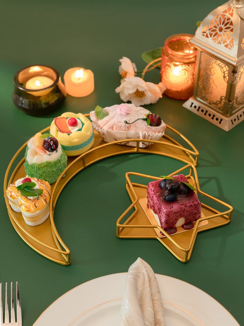 ANPHSIN 2PCS Ramadan Serving Trays Decorations for Home - Moon Star Shaped Eid Mubarak Table Decor Gifts, Islam Muslim Al-Fitr Iftar Party Crescent Iron Platters Dishes (Hollowed-Out) - Image 4