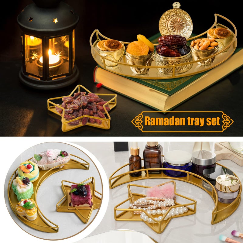 ANPHSIN 2PCS Ramadan Serving Trays Decorations for Home - Moon Star Shaped Eid Mubarak Table Decor Gifts, Islam Muslim Al-Fitr Iftar Party Crescent Iron Platters Dishes (Hollowed-Out) - Image 5