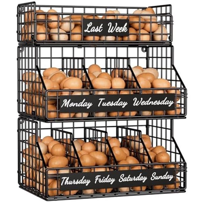 Egg Holder Countertop with Dividers & Labels, 3 Tier Stackable Chicken Egg Holder Egg Baskets for Gathering Fresh Eggs, Egg Organizer for Egg Storage, Wall-Mounted, Black