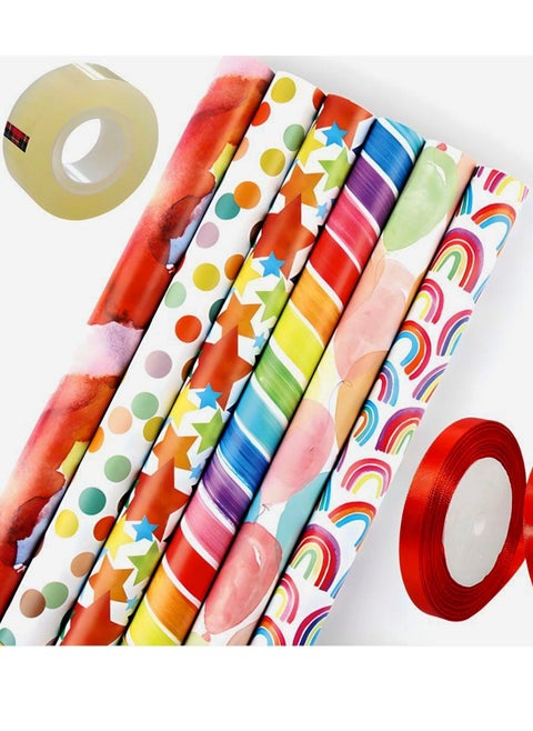 6 Pattern 6 Piece 50x70 cm Gift Wrap Paper Assortment with 1 Red Color 10 Meter Ribbon and 1 Transparent Tape - Create Beautifully Wrapped Gifts for Every