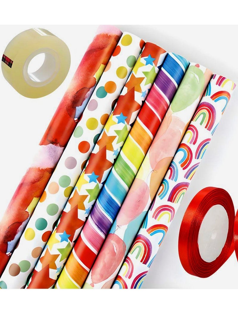 SARAOONT - 6 Pattern 6 Piece 50x70 cm Gift Wrap Paper Assortment with 1 Red Color 10 Meter Ribbon and 1 Transparent Tape - Create Beautifully Wrapped Gifts for Every - Image 1