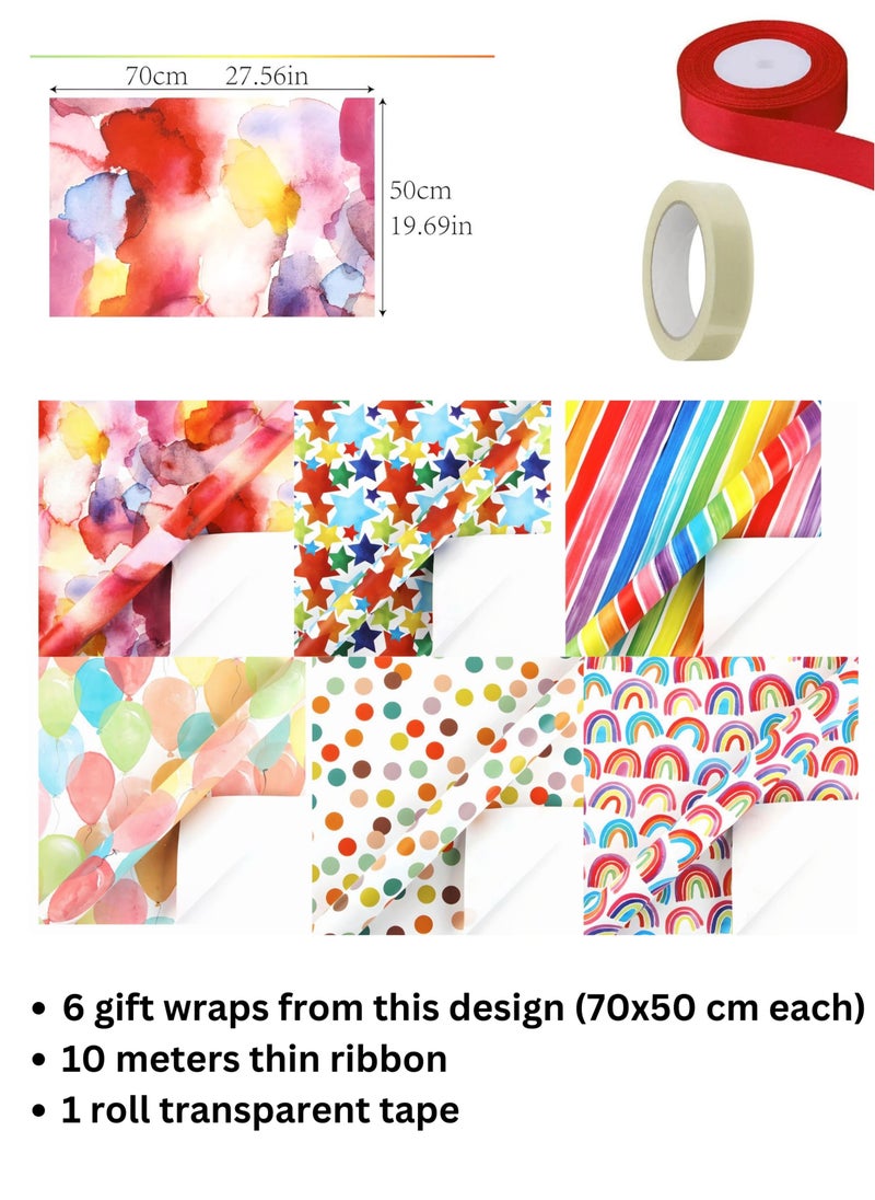 SARAOONT - 6 Pattern 6 Piece 50x70 cm Gift Wrap Paper Assortment with 1 Red Color 10 Meter Ribbon and 1 Transparent Tape - Create Beautifully Wrapped Gifts for Every - Image 1