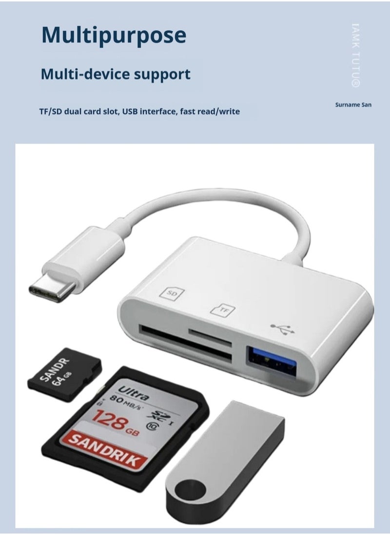 ماركة غير محددة قارئ بطاقات USB C SD متعدد الوظائف 3 في 1 متعدد الوظائف، قارئ بطاقات USB C إلى قارئ بطاقات محول USB C، محول بطاقة TF مع دعم مزدوج للقراءة/الكتابة لأجهزة iPhone 15 Pro Max وiPad Pro/Air/Mini وMac وMac وMacBook Pro/Air والمزيد من أجهزة USB-C/النوع C  - Image 1