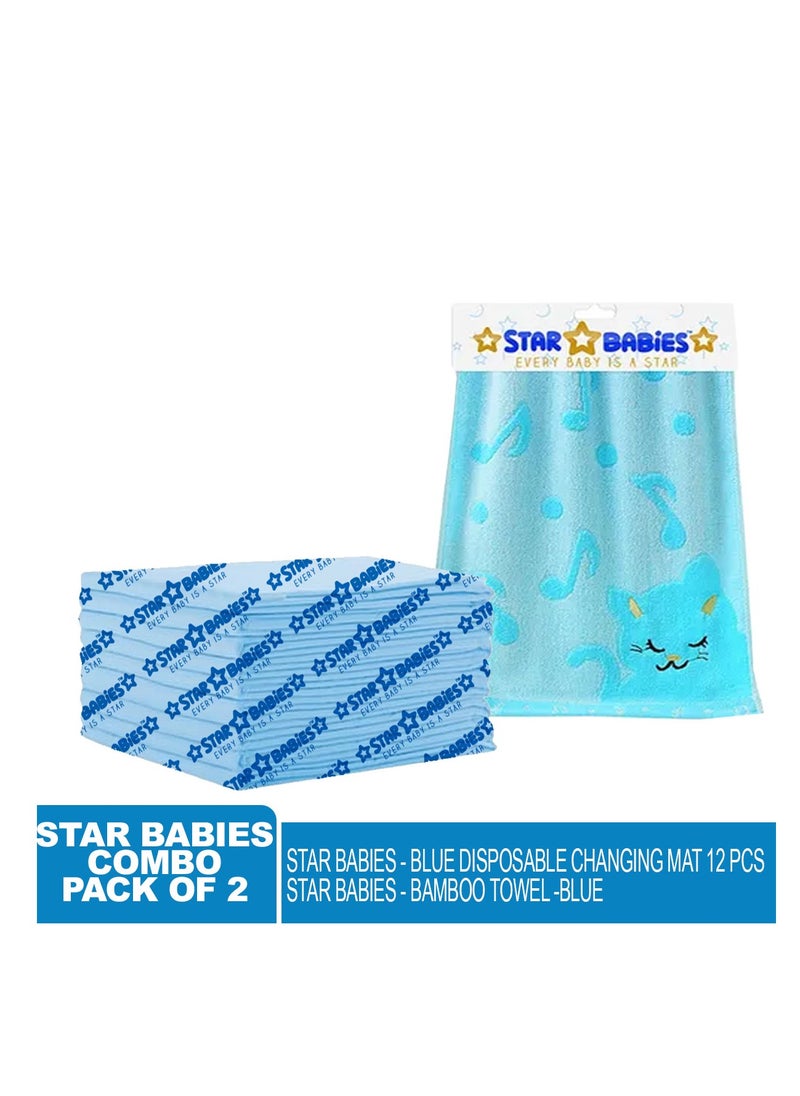 STAR BABiES Star Babies - Combo Pack of 2- Disposable Changing Mat Pack of 12 with Bamboo Towel - Blue  - Image 2