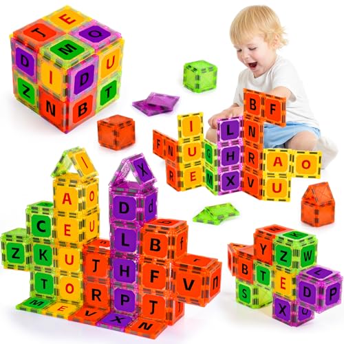 Windidi Magnetic Tiles Letters Toys Alphabet Learning Toys for Toddlers 13 24 48 Classroom Must Have 48PCS Construction Toy Toddler Games for Preschool Kids Spelling Learning Building Educational Toy - Image 1