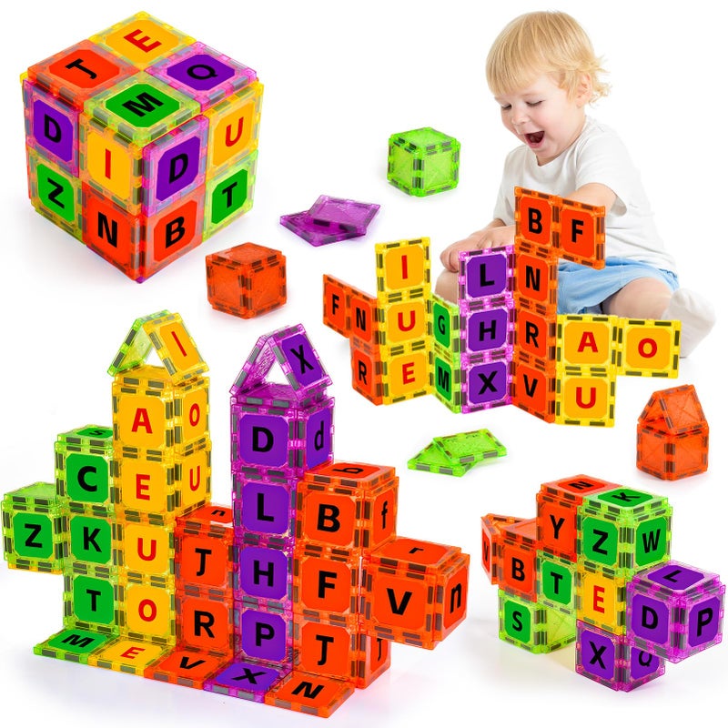 Windidi Magnetic Tiles Letters Toys Alphabet Learning Toys for Toddlers 13 24 48 Classroom Must Have 48PCS Construction Toy Toddler Games for Preschool Kids Spelling Learning Building Educational Toy - Image 2