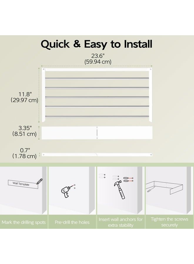Vikaqi Wall Mounted Clothes Drying Rack, Foldable Laundry Rack, Collapsible Indoor Clothing and Towel Rack with Wall Template, 5 Rods, 31.5", White - Image 3