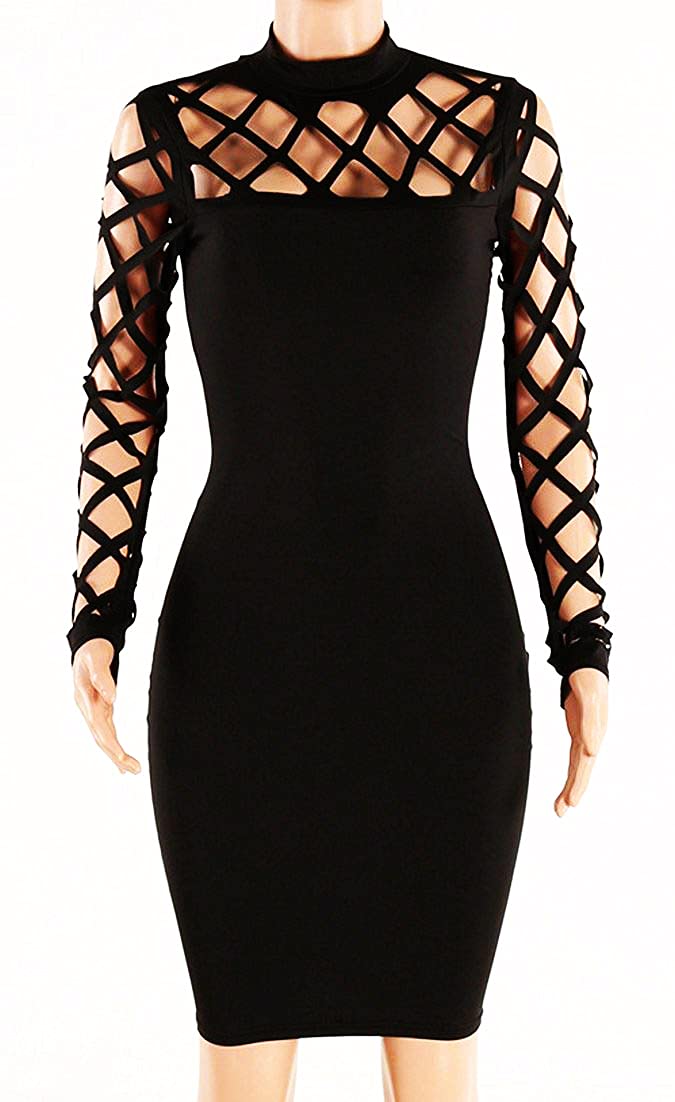 AMiERY Women's Hollow Out Cocktail Clubwear Bandage Evening Party Bodycon Dress (L, Black) - Image 3
