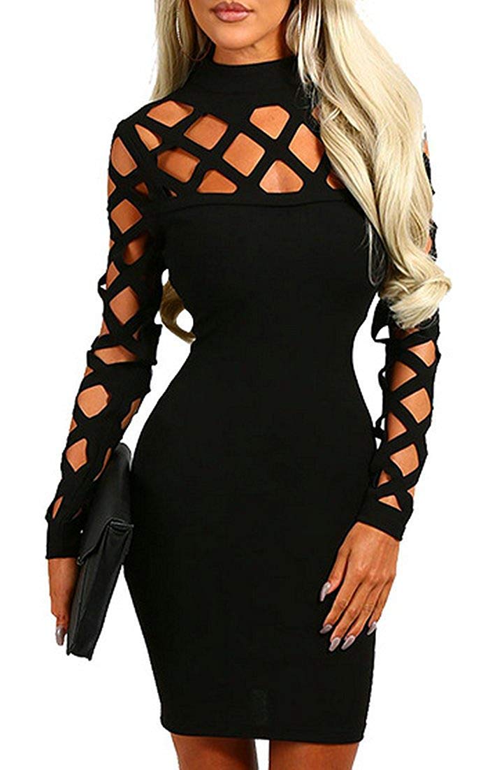 AMiERY Women's Hollow Out Cocktail Clubwear Bandage Evening Party Bodycon Dress (L, Black) - Image 5