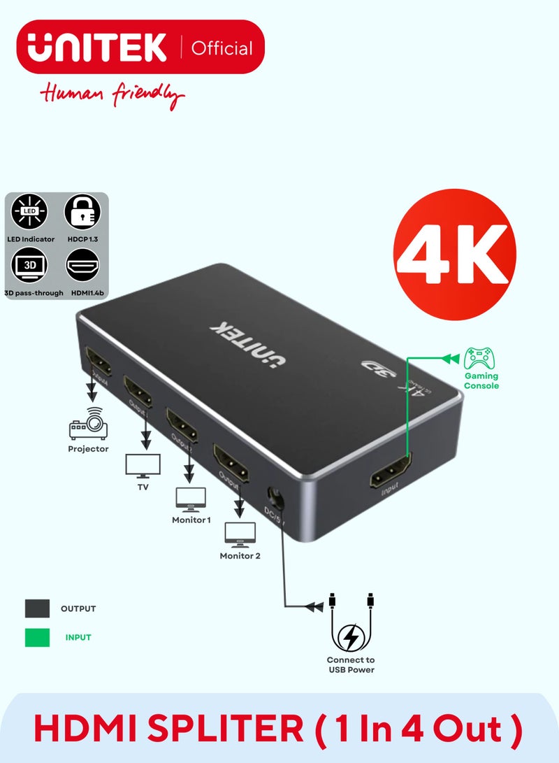 UNITEK HDMI Splitter 1 In 4 Out 4K  - Image 1