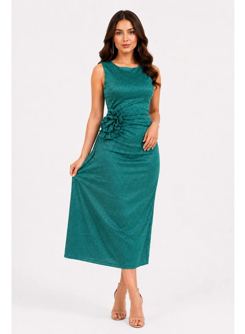 Opera Fashion Shimmer Green Sleeveless Evening Dress with Side Flower Detail