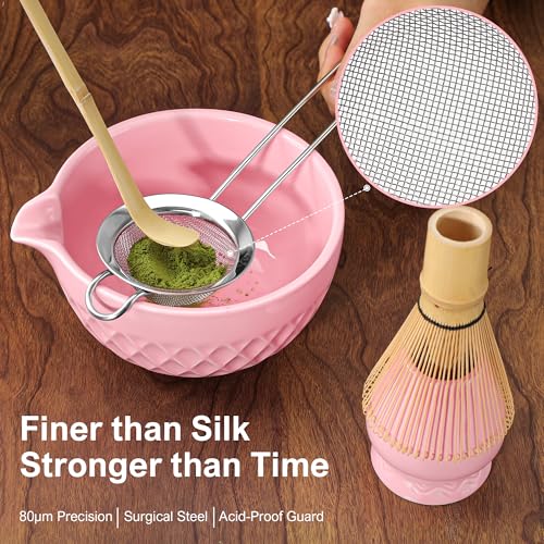 Doasuwish Matcha Whisk Set, 7 Pcs Ceramic Kit, Includes Matcha Bowl with Spout, Matcha Whisk and Holder, Bamboo Scoop, Scoop Rest, Sifter and Tea Towel (Cherry Blossom Pink) - Image 4