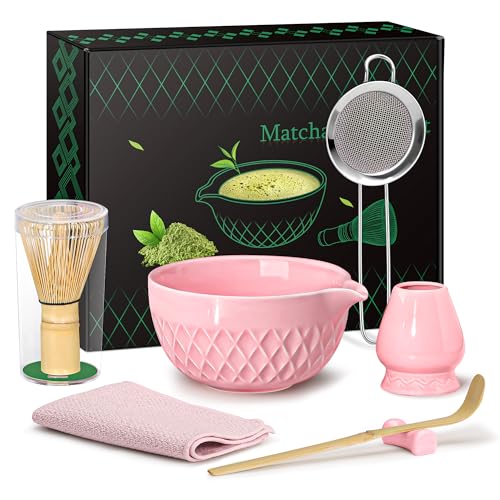 Doasuwish Matcha Whisk Set, 7 Pcs Ceramic Kit, Includes Matcha Bowl with Spout, Matcha Whisk and Holder, Bamboo Scoop, Scoop Rest, Sifter and Tea Towel (Cherry Blossom Pink) - Image 1