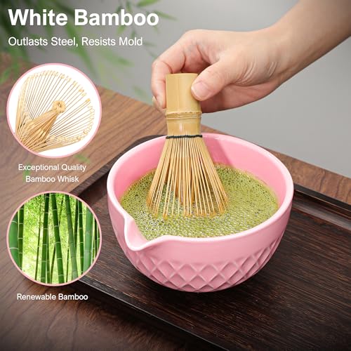 Doasuwish Matcha Whisk Set, 7 Pcs Ceramic Kit, Includes Matcha Bowl with Spout, Matcha Whisk and Holder, Bamboo Scoop, Scoop Rest, Sifter and Tea Towel (Cherry Blossom Pink) - Image 5