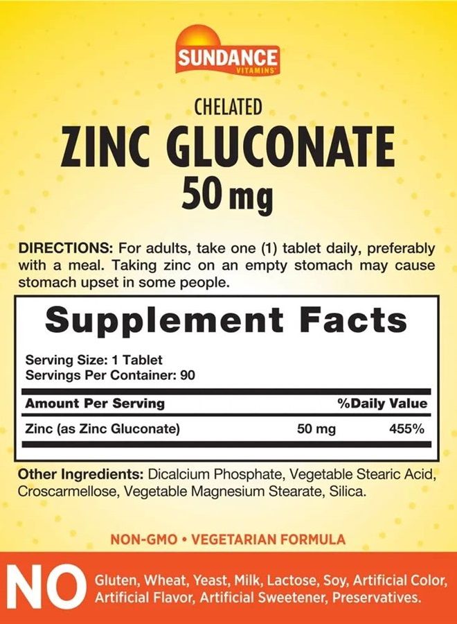 Sundance Zinc Gluconate 50mg | 90 Tablets | Chelated Essential Mineral | Vegetarian, Non-GMO, and Gluten Free Supplement | by Sundance - Image 2