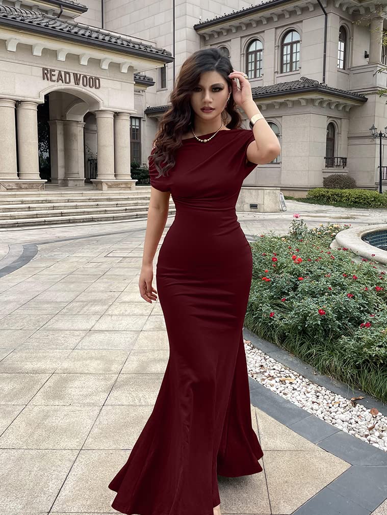 YMDUCH Women's Elegant Sleeveless Off Shoulder Bodycon Long Formal Party Evening Dress WineRed - Image 3