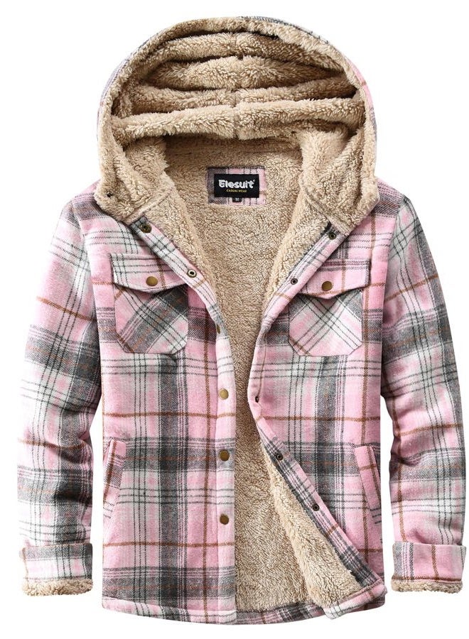 Elesuit Women's Fleece Flannel Jacket Plaid Sherpa Lined Jacket Long Sleeve Button Down Hooded Jackets for Women, Grey/Pink, XL - Image 1