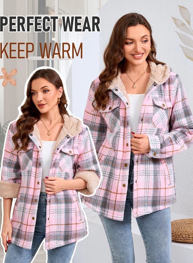 Elesuit Women's Fleece Flannel Jacket Plaid Sherpa Lined Jacket Long Sleeve Button Down Hooded Jackets for Women, Grey/Pink, XL - Image 5