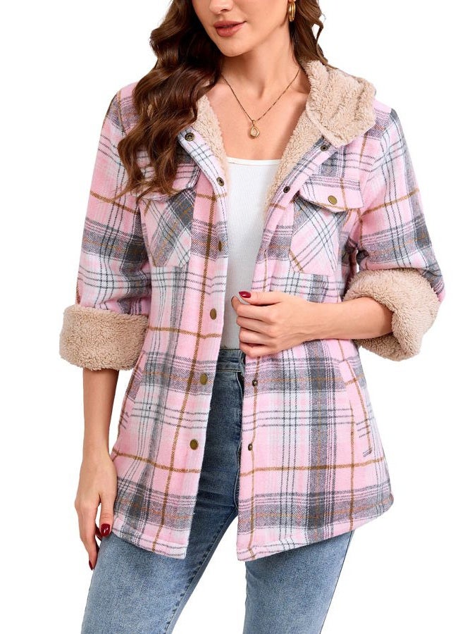 Elesuit Women's Fleece Flannel Jacket Plaid Sherpa Lined Jacket Long Sleeve Button Down Hooded Jackets for Women, Grey/Pink, XL - Image 3