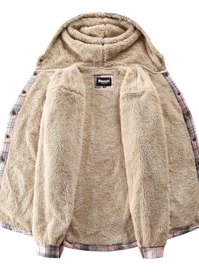Elesuit Women's Fleece Flannel Jacket Plaid Sherpa Lined Jacket Long Sleeve Button Down Hooded Jackets for Women, Grey/Pink, XL - Image 2