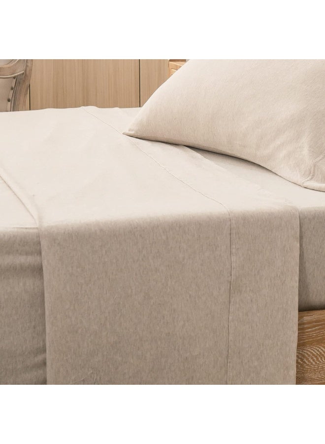 PURE ERA Jersey Knit Flat Top Sheet Only 100% T-Shirt Heather Cotton Super Soft Comfy Breathable (1-Pack, King, Beige)  - Image 1