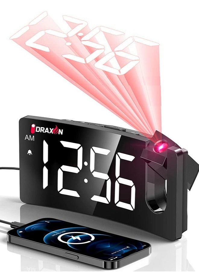 Draxon - Alarm Clock for Bedroom, Multifunctional Clock with FM Radio & Projection, 0-100% Dimmer & Radio Volume, Curved Screen, Dual Alarms, USB Charger, Crystal Digital led Display, Non-slip (White - Image 1