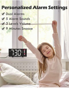 Draxon Alarm Clock for Bedroom, Multifunctional Clock with FM Radio & Projection, 0-100% Dimmer & Radio Volume, Curved Screen, Dual Alarms, USB Charger, Crystal Digital led Display, Non-slip (White  - Image 4